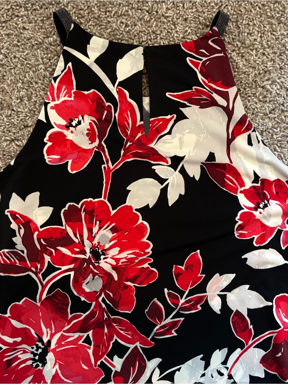 White House Black Market Black Floral Halter Camisole with Red & White Blooms - Picture 8 of 8